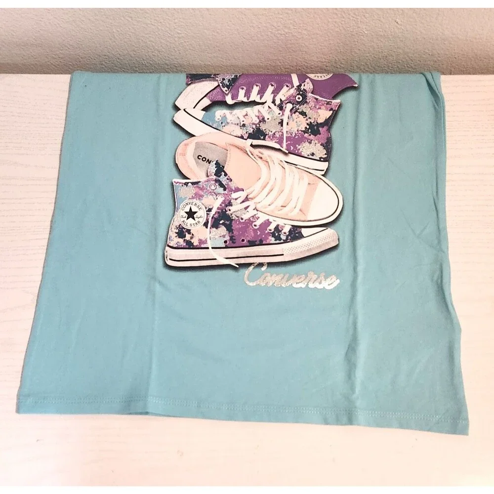 Converse All Star Girls GraphicT-Shirt-Aqua Blue-Stacked Chuck Taylor Shoes-Sz L